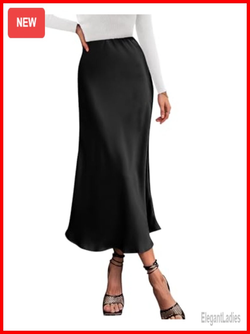 Satin A-Line Midi Skirt High Waisted Ruffle Hem Elastic Waist